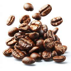 Fototapeta premium Aromatic Roasted Coffee Beans Falling on White Background Fresh Brew Caffeine Energy Drink
