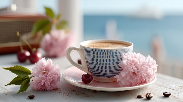 Cup of coffee with a cherry on top sits on a pink plate with pink flowers. The scene is set on a wooden table near the ocean