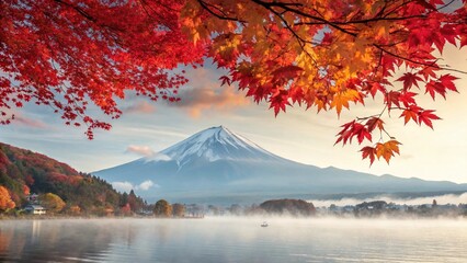 Colorful Autumn Season and Mount Fuji with morning fog and red leaves at Lake Kawaguchiko is one of the best places in Japan