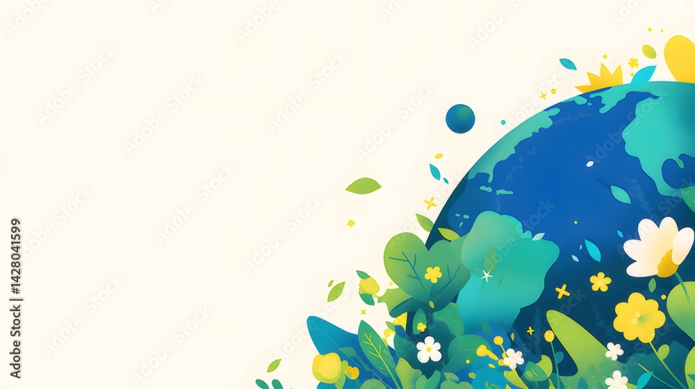 Poster 鮮やかな青緑色の地球と葉と花のイラスト 自然環境保護をテーマにした背景デザイン