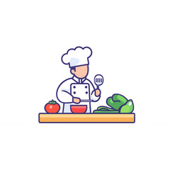 A chef preparing a meal with fresh vegetables and ingredients on a wooden countertop, showcasing culinary skills and kitchen creativity.
