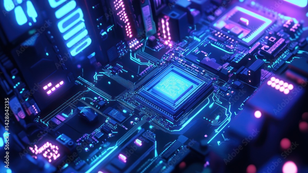 Poster illuminated circuit board with processor and glowing components close up.
