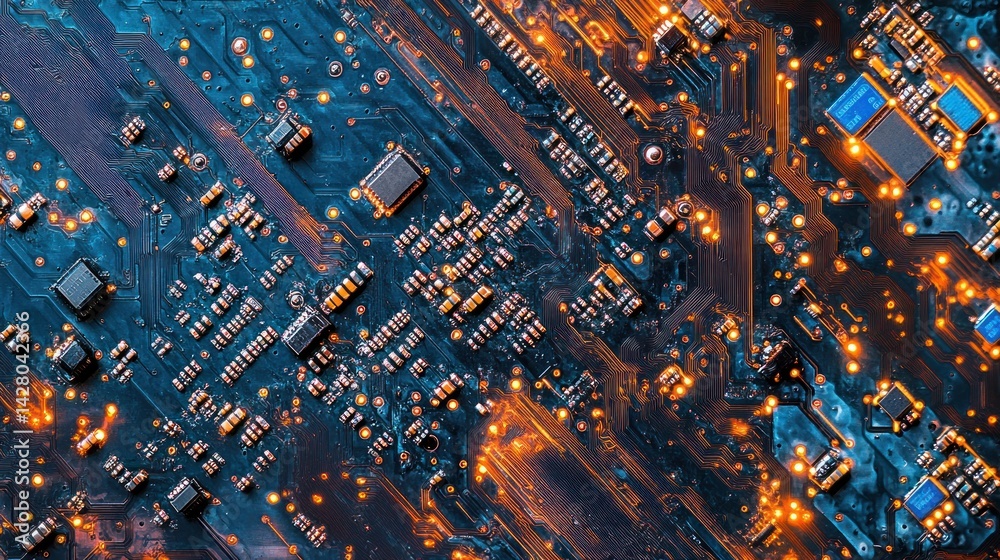 Poster aerial view of a circuit board with illuminated components and intricate patterns.