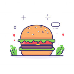 A colorful, stylized illustration of a delicious hamburger, featuring lettuce, tomato, and a sesame seed bun on a plate with decorative elements.