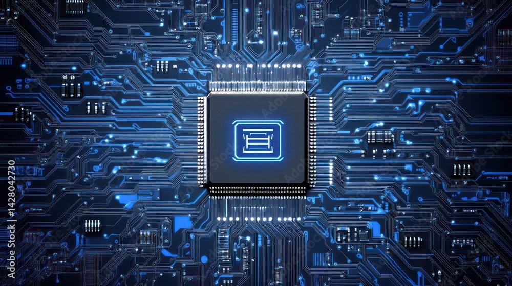 Poster microchip on a circuit board with blue lighting and complex interconnected pathways.