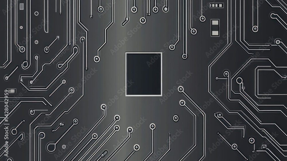 Poster microchip central processing unit on a circuit board dark background close up.
