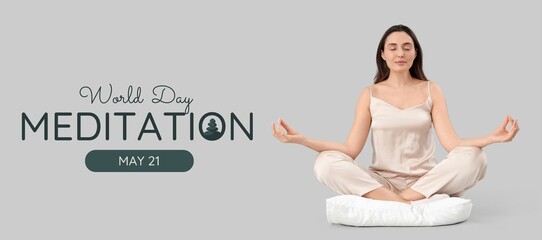 Young woman in pajamas meditating on light background. Banner for World Meditation Day