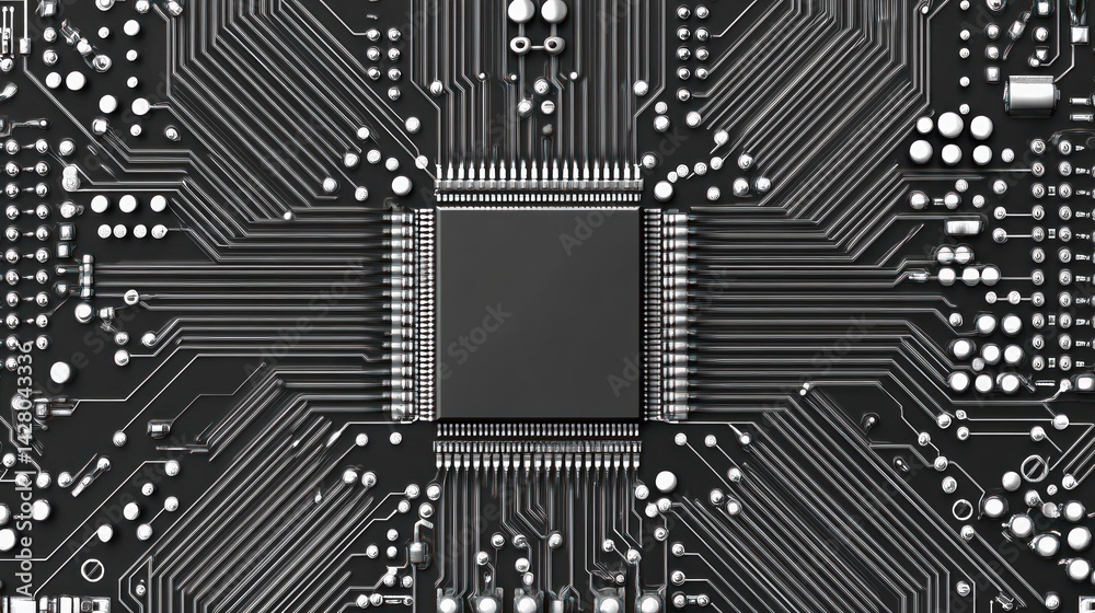 Poster close-up of a black computer chip with intricate circuit patterns.