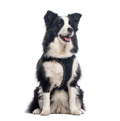 Border collie dog sitting and wearing a harness, looking away