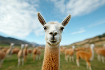 Obraz premium Llama spitting on camera lens, cheeky farm character 