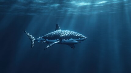 Fototapeta premium Great white shark swimming in deep blue ocean water with sun rays.