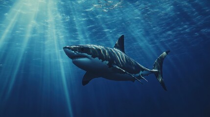 Fototapeta premium Shark swims in deep blue ocean water with sun rays penetrating from above.