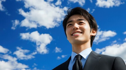 Smiling man in suit looks up at blue sky with white clouds.