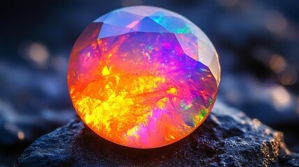 Vibrant opal gemstone rests on dark rock, showcasing its iridescent colors and facets.