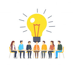 A diverse group of people having a brainstorming session around a table, with a large light bulb symbolizing ideas above them, conveying collaboration and creative thinking.