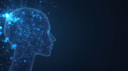 Digital head profile with glowing particles on a dark blue background.