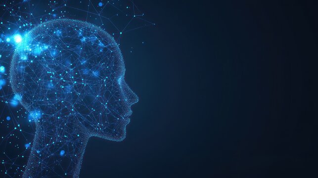 Digital head profile with glowing particles on a dark blue background.