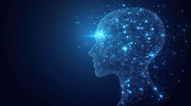 Digital human head profile with glowing network connections on a dark background.