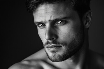 Obraz premium Black and white male beauty portrait with subtle glow on cheekbones 