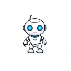 A friendly cartoon robot with blue glowing eyes and a white body, standing confidently. Ideal for futuristic themes and technology illustrations.
