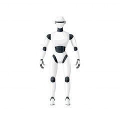 Fototapeta premium A futuristic humanoid robot standing upright against a white isolated background, showcasing advanced robotics and design features, perfect for technology-themed projects.
