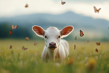 Obraz premium Calf surrounded by butterflies in wild meadow, fairytale feeling