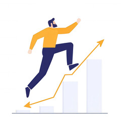 Fototapeta premium A man climbing upward on bar graphs representing growth and progress. The dynamic illustration symbolizes achievement and success in financial or career advancements.