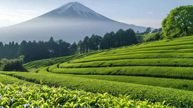 Scenic view of lush green tea fields with majestic mountain under the clear sky during sunrise or sunset in serene landscape