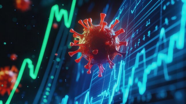 Coronavirus cell illustration with financial graph lines in the background.