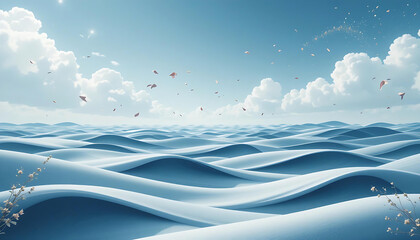 Soft Blue Waves and Floating Petals Create a Dreamy Landscape Beneath Fluffy Clouds and Sparkling Light.