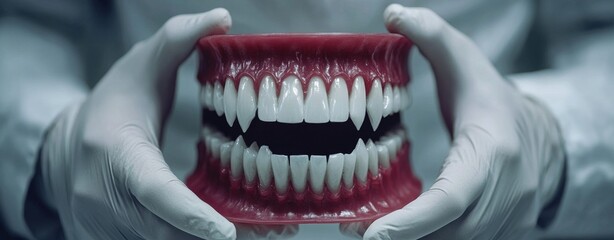 A stomatology cabinet is the setting where a dentist holds a plastic model of human teeth, with the camera focusing in on a healthy jaw structure in the doctor's hand during a patient's appointment