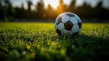 Obraz premium Sunset Soccer: A Football on Lush Green Grass
