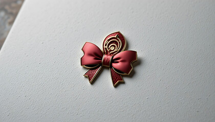 Glossy Red Bow Pin with Gold Accents Rests Gracefully on Textured White, Spiraled and Refined.