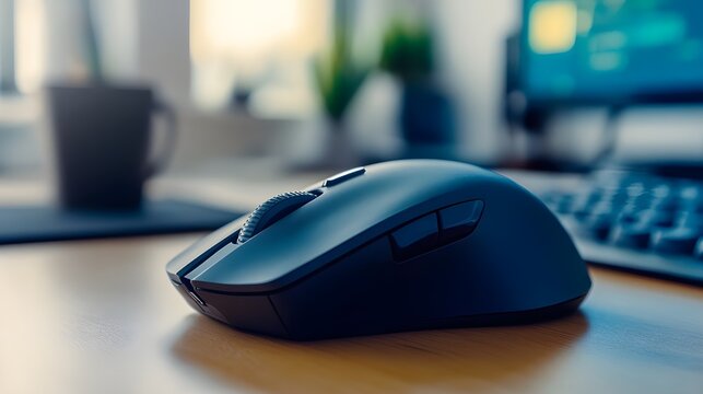 Black and Silver Wireless Mouse on Desk, Computer Mouse and Keyboard in Monochrome, Wireless Mouse on Work Surface on blanck background 