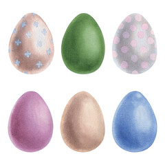 Set of cute colorful chicken eggs . Hand drawn watercolor illustration of colored decorative elements for spring holiday on isolated background. For greeting cards, invitations. Paschal concept.