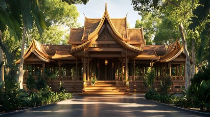 Fototapeta premium thai inspired wooden architecture with natural lighting and greenery