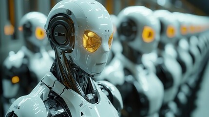 Fototapeta premium Line of humanoid robots with glowing eyes, futuristic technology concept.