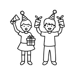 kids with party favors icon, kids with party favors line art - simple line art of kids with party favors, perfect for kids with party favors logos and icons