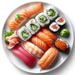 Assorted sushi pieces on a plate with ginger and wasabi