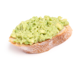 Tasty bruschetta with avocado on white background