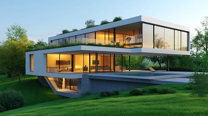 Fototapeta premium elevated house with wide glass walls and green landscape around