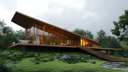 Obraz premium countryside stilt house with sloped roof and organic design