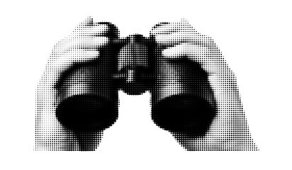 Binoculars and hands in collage art. Symbol of discovery, vision, curiosity, and strategic thinking.