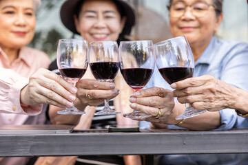 Cheers gesture of four elderly Asian women holding red wine glasses sitting outdoors sharing happiness celebrating friendship enjoying casual gathering at café with joyful energy and laughter together