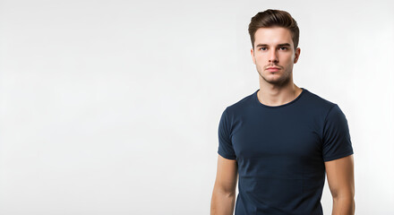 A confident young man in a navy blue t-shirt stands against a clean white background, exuding a sense of calm and assurance.