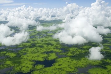 Fototapeta premium Lush green wetlands, aerial view, vast expanse