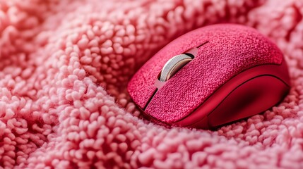Pink Wireless Mouse on Plush Fabric, Cordless Mouse on Soft Pink Textile, Computer Mouse on Fuzzy Surface, Pink Mouse on Cozy Material

