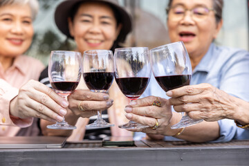 Close-up of senior Asian female hands holding red wine glasses toasting together symbolizing happiness, unity, and friendship during outdoor café gathering sharing positive energy and celebrating mome