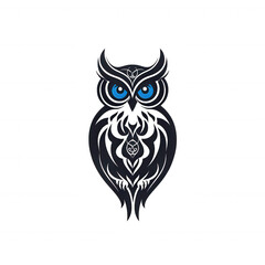 Obraz premium A stylized owl with striking blue eyes, featuring intricate designs and a bold silhouette, on a white isolated background.