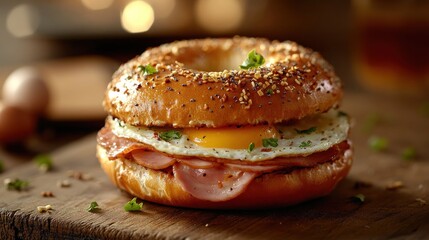 Delicious breakfast bagel with egg, ham, and seasoning on wooden table with warm bokeh background
